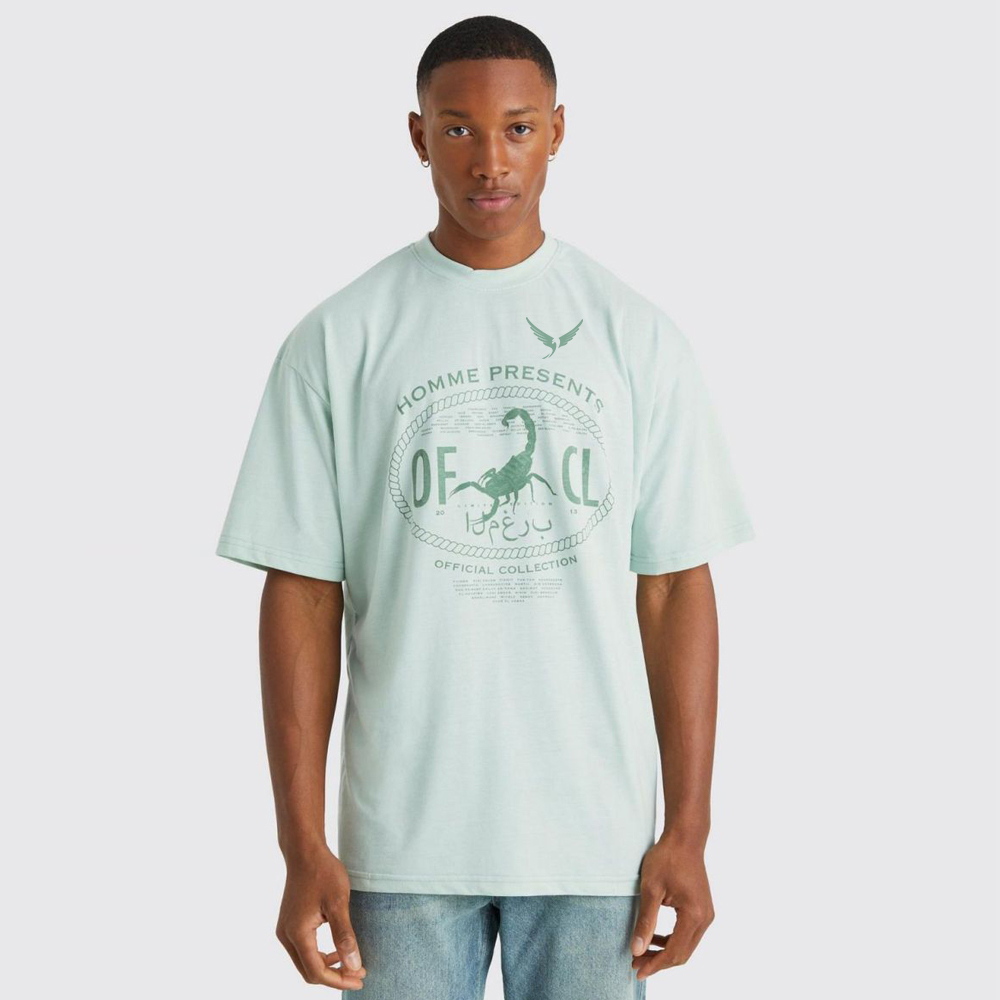Oversized Floral Graphic Acid Wash T-Shirt – Charcoal