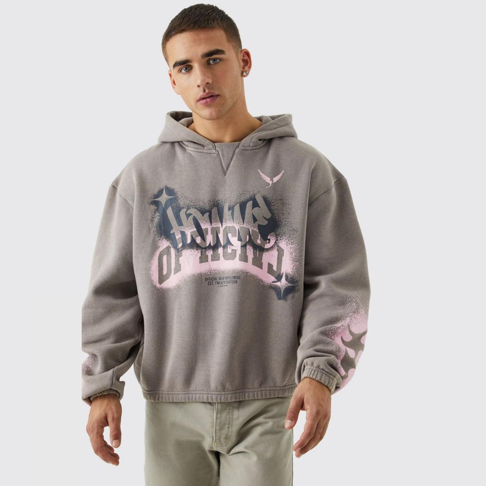 Oversized Boxy Zip Through Puff Print Hoodie