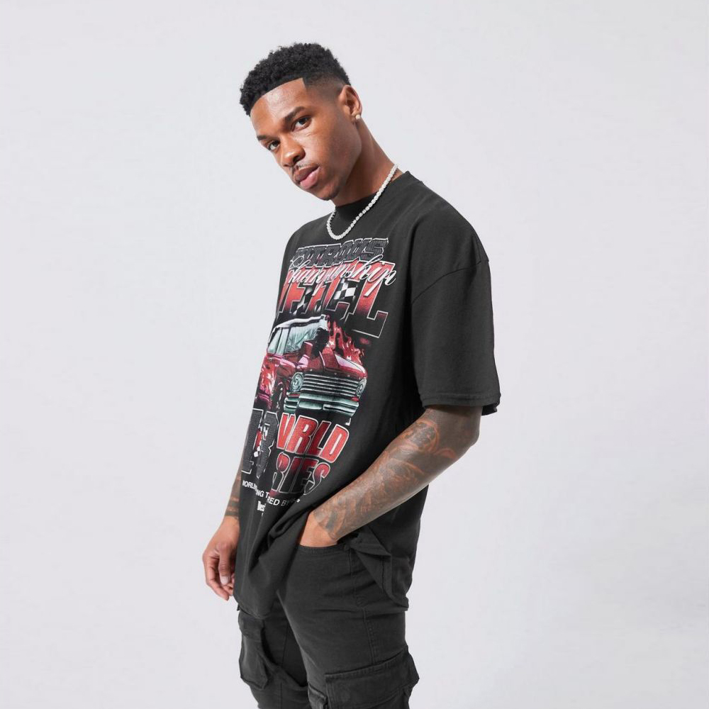 Tall Oversized Boxy Extended Neck Puff Print Washed T-Shirt – Charcoal
